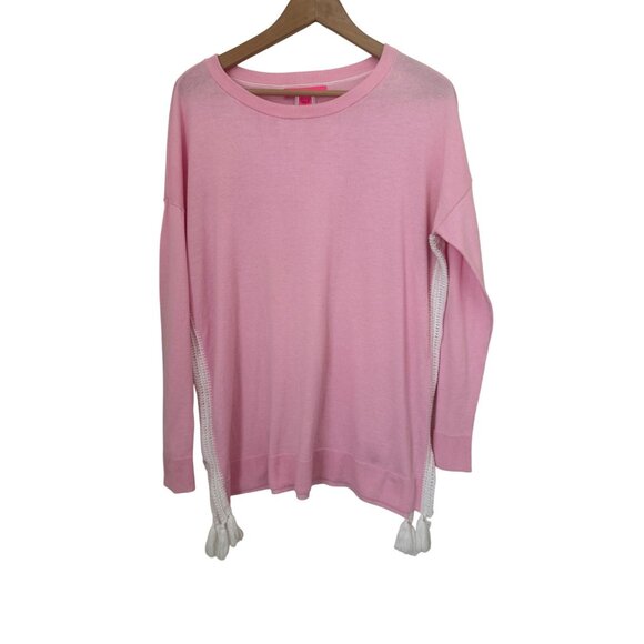 Lilly Pulitzer Damara Coolmax Women's Pink Boho Sweater White Tassel Detail Sz S - Picture 1 of 8